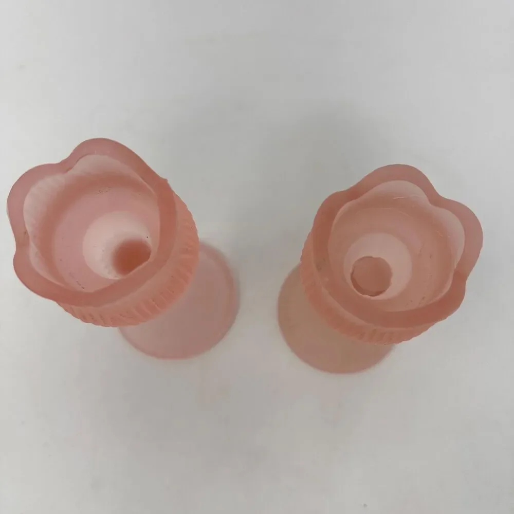 Vintage Pink Frosted Glass Tulip Candle Holders Pair Satin Votive Candlesticks